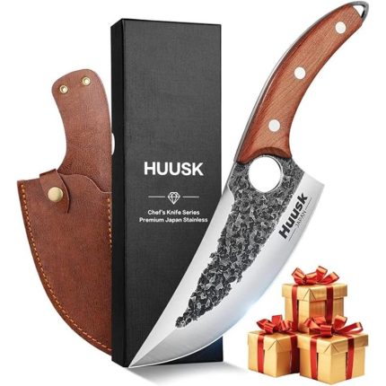 Huusk Chef Knife, Upgraded Viking Knives with Sheath Hand Forged Meat Cleaver Knife Japanese Butcher Knife Curved Boning Knife for Meat Cutting Cooking Knife for Kitchen and Outdoor Camping, BBQ